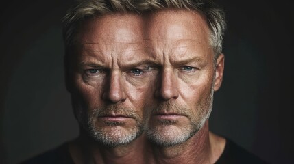 Obraz premium Dual Persona: Contemplative Middle-Aged Man with Rugged Features in Thoughtful Stare