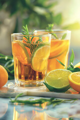 Fototapeta premium Modern kombucha setup with two glasses featuring citrus garnish, herbs, and natural lighting.