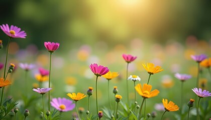 Naklejka premium The image shows a vibrant field of wildflowers in full bloom, featuring pink, yellow, and purple flowers against a blurred green background with sunlight filtering through. It captures the essence of 