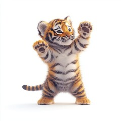 Obraz premium Playful Baby Tiger Raising Paws in Bright White Background