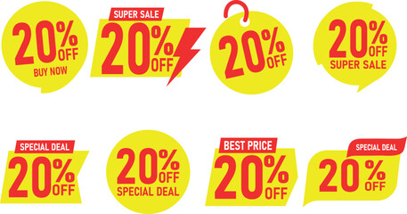 Various discount stickers, sale badge templates with sale percentage symbols, discount price tag set. Red, yellow 20 to % (percent).