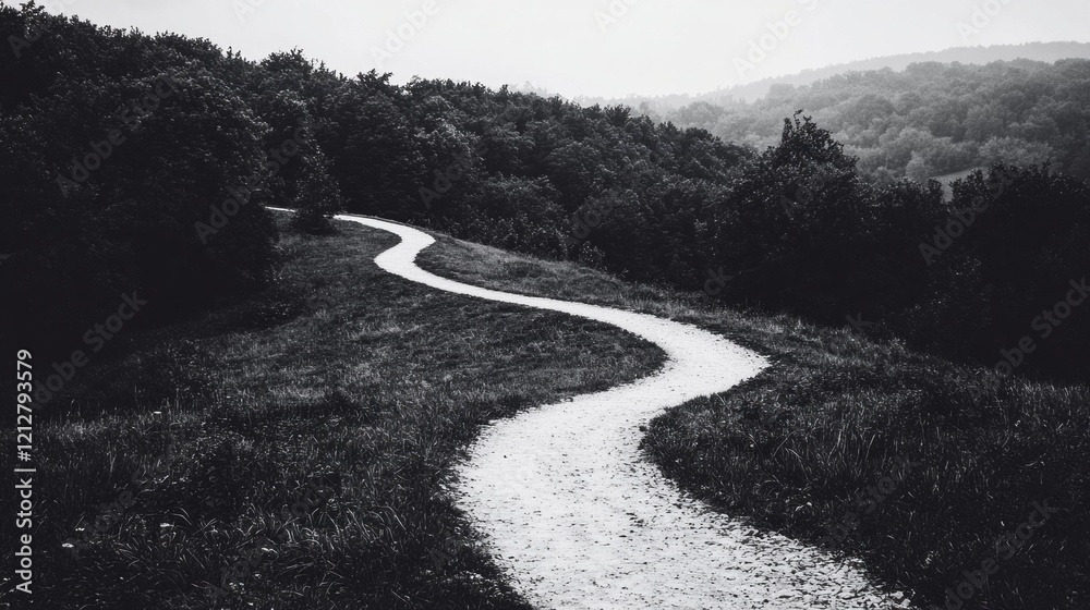 Poster a serene path meanders through a lush forest, bordered by tall trees and soft grass, evoking a sense