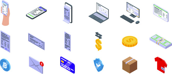 Internet invoicing icons set. Isometric icons representing online payment methods, including credit cards, receipts, invoices, and mobile payments