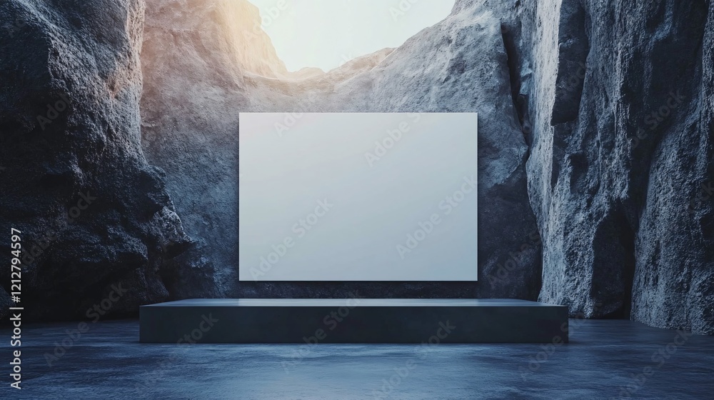 Aufkleber white blank canvas hanging on rock wall in empty room with platform: 3d rendering