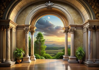 Fototapeta premium Antique Arch Portal, Classic Columns, Room Interior, Copy Space