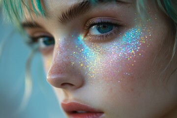 Close-up portrait of beautiful girl with turquoise hair showing glittering makeup on face