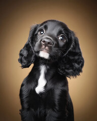 Cute black puppy with white spot on chest against golden background