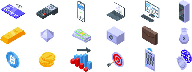 Global payment solutions icons set. Isometric icons representing various aspects of finance, from traditional banking to modern fintech solutions and investment strategies