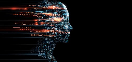 A glowing holographic head with cybernetic implants, surrounded by binary code and futuristic digital symbols