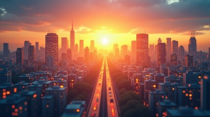 Fototapeta premium Sunset over skyline daylight saving time transition in urban environment aerial view dynamic city life