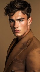 Obraz premium A fashion-forward waist up portrait of a modern male model wearing a Mocha Mousse double-breasted suit