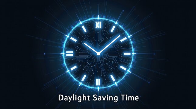 Daylight saving time adjustment digital clock display infographic futuristic setting close-up perspective time management concept