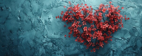 A beautiful heart shape formed by vibrant red flowers against a textured blue wall, perfect for conveying themes of love, art, and romance.