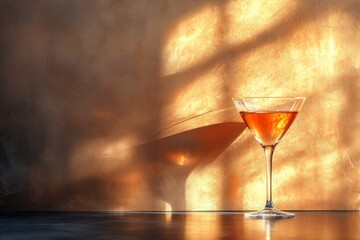 Cocktail glass filled with amber liquid sits on a table, bathed in warm sunlight creating captivating shadows on a textured gold wall