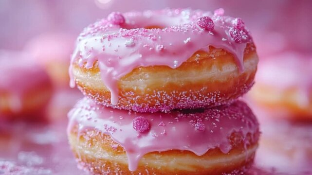 Close-up of colorful frosted donuts stacked together with sugary toppings.
