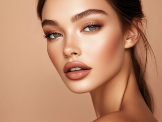 Fototapeta premium A high-fashion studio portrait of a captivating female model with Mocha Mousse matte lipstick, flawless makeup and sleek hair