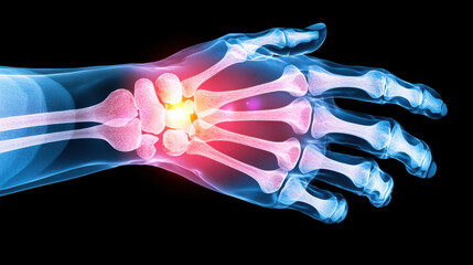 X ray image of human hand and wrist showing bones and joint details, highlighting potential injury or inflammation. vibrant colors emphasize anatomical structures