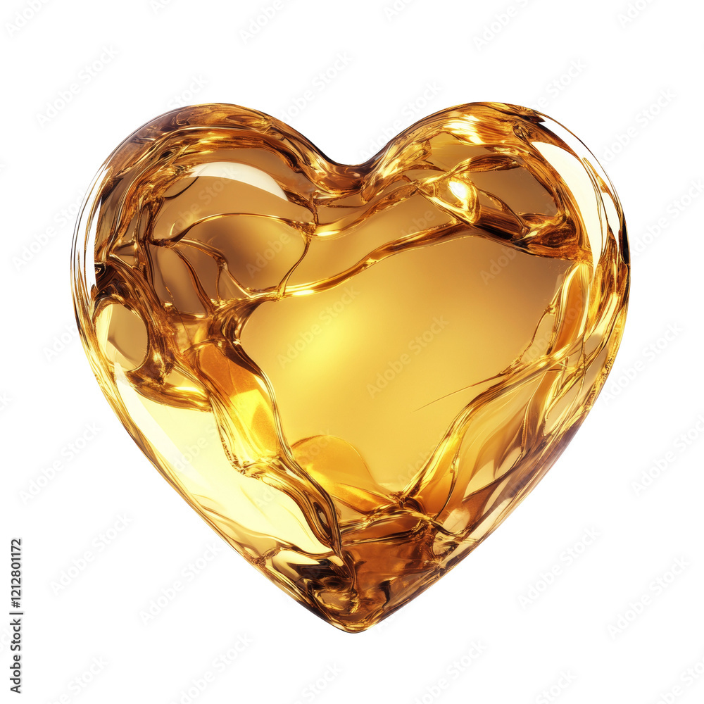Poster a digital illustration of a heart shape filled with a flowing golden liquid creating an abstract des