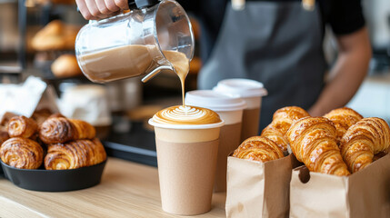 barista pouring latte art into cup in cozy bakery, surrounded by fresh pastries. warm atmosphere invites customers to enjoy delicious treats and coffee