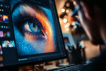 Generative AI depiction of a retoucher enhancing a digital portrait on a high-resolution monitor