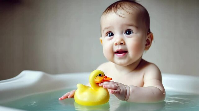 footage with cute curious baby bathing and playing with yellow duck toy; motion isolated over bright background