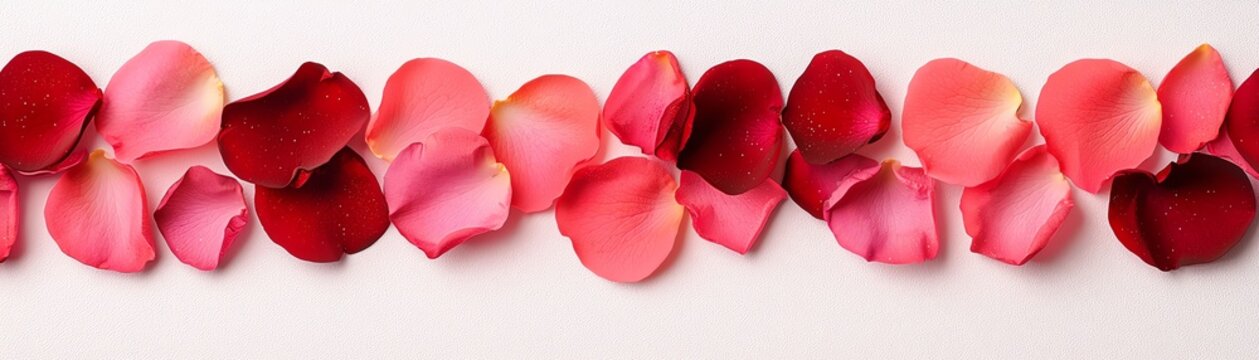 A beautiful array of pink and red rose petals arranged elegantly on a white background.