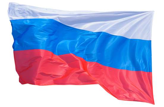 A view of the colorful, clipped, carved, flag of the Russian Federation bending under a gust of wind, on a white background, isolated	