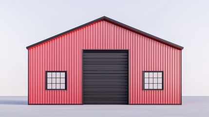 Obraz premium A bright red barn with a black door and windows, set against a plain background, showcasing a simple, modern design.