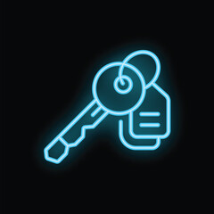 Neon sign of a key with a tag glowing blue on a black background