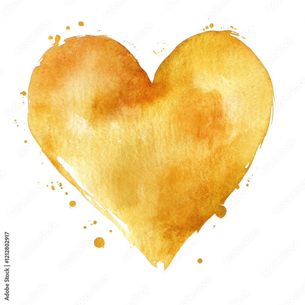 Poster an abstract image featuring a golden heart shape created with watercolor paint and splatters on a wh