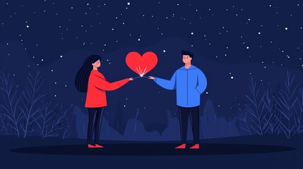 Obraz premium A couple sharing a sparkling heart under a starry night sky, showcasing love and connection.