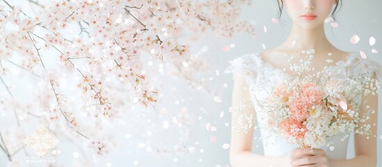桜に包まれたウェディングドレスの女性のポートレート