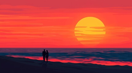 Fototapeta premium A couple walking hand in hand along the beach at sunset, enjoying a serene moment together.