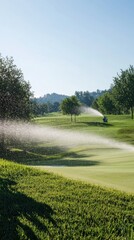 Obraz premium Golf course in maintenance. Watering golf course with sprinklers. Golf course at sunset.