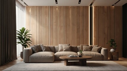 Minimalist Empty Living Room with Light Wooden Flooring and Neutral-Toned Furniture