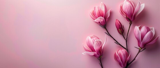 White or pink magnolia flowers and petals on a textured minimal background. Flat lay composition...