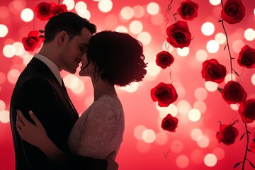 A romantic moment between a couple surrounded by roses and soft bokeh lights.