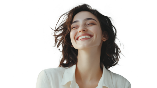 Smiling woman white background png transparent happy vibe concept using for decoration. - Powered by Adobe