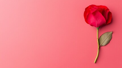 Fototapeta premium A single red rose against a soft pink background, symbolizing love and beauty.