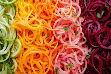 A vibrant raw salad with spiralized carrots, zucchini, and beets, topped with a lemon-tahini dressing