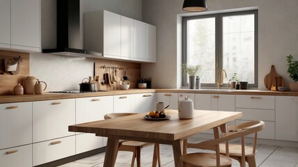Wooden Light Tabletop in Modern White Kitchen – Clean and Minimalist Interior Design