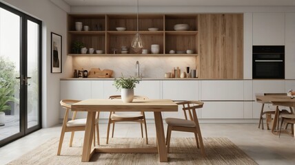 Wooden Light Tabletop in Modern White Kitchen – Clean and Minimalist Interior Design