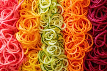 A vibrant raw salad with spiralized carrots, zucchini, and beets, topped with a lemon-tahini dressing