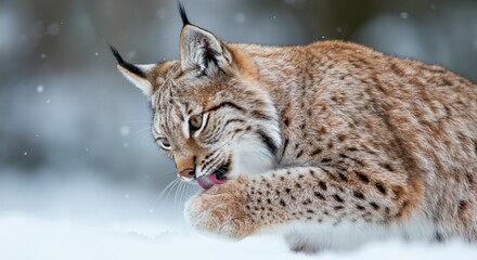 Fototapeta premium Lynx grooming its paw in a snowy landscape