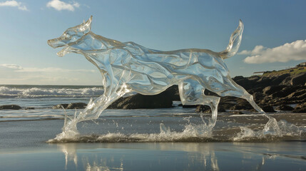 Fototapeta premium A glass sculpture of a dog in a real environment.