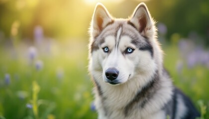 Majestic Siberian Husky in a sun-drenched meadow