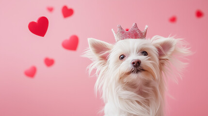 Adorable puppy wearing a crown, surrounded by hearts. Saint Valentine's day background.