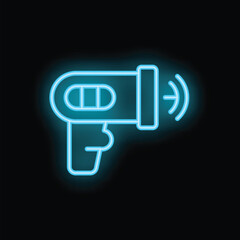 Neon sign of a barcode scanner emitting a signal on a black background