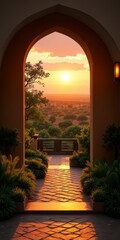 Fototapeta premium A serene sunset over a desert landscape, with a stone pathway and archway leading to a peaceful outdoor space