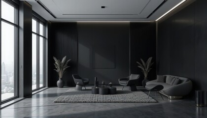 A spacious and elegant living area features dark tones and contemporary furniture, accentuated by large windows showcasing a breathtaking cityscape under soft lighting